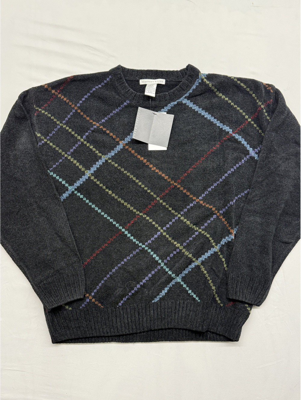 Vintage Geoffrey Beene Textured Chenille Plaid Grid Sweater Black Medium NWT